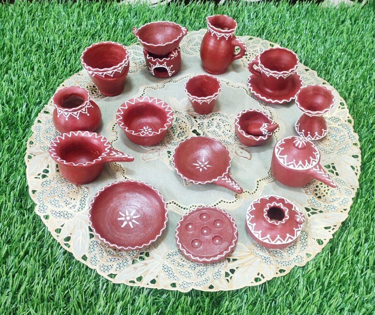 Handcrafted Brown Colored Terracotta Clay Miniature Kitchen For Kids Set of 16