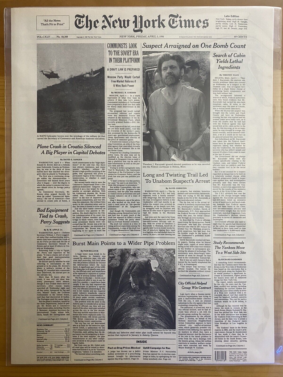 VINTAGE NEWSPAPER HEADLINE ~TERRORIST KILLER TED KACZYNSKI UNABOMBER CAUGHT 1996