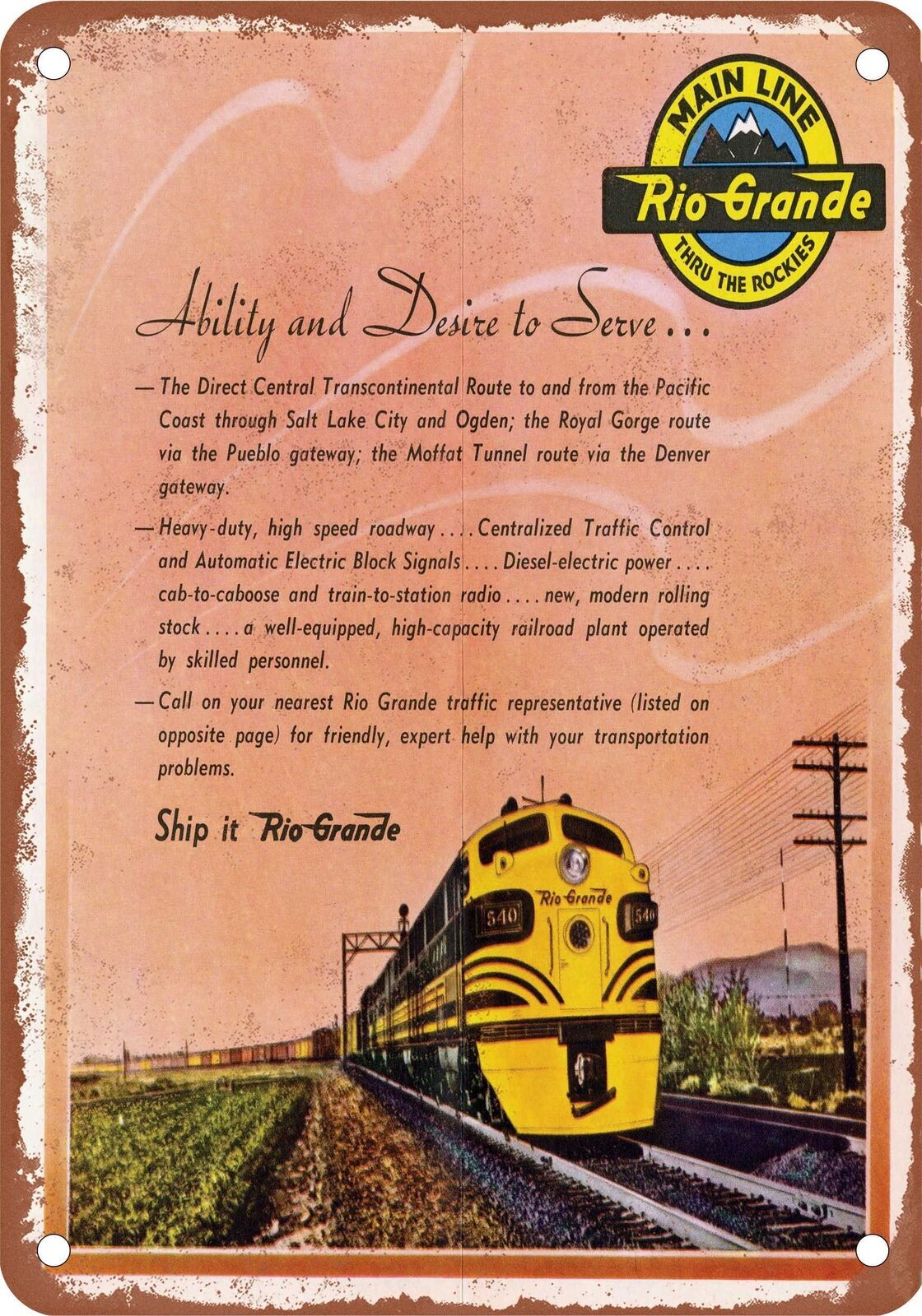 METAL SIGN - 1950 Denver & Rio Grande Western Freight - Vintage Rusty Look