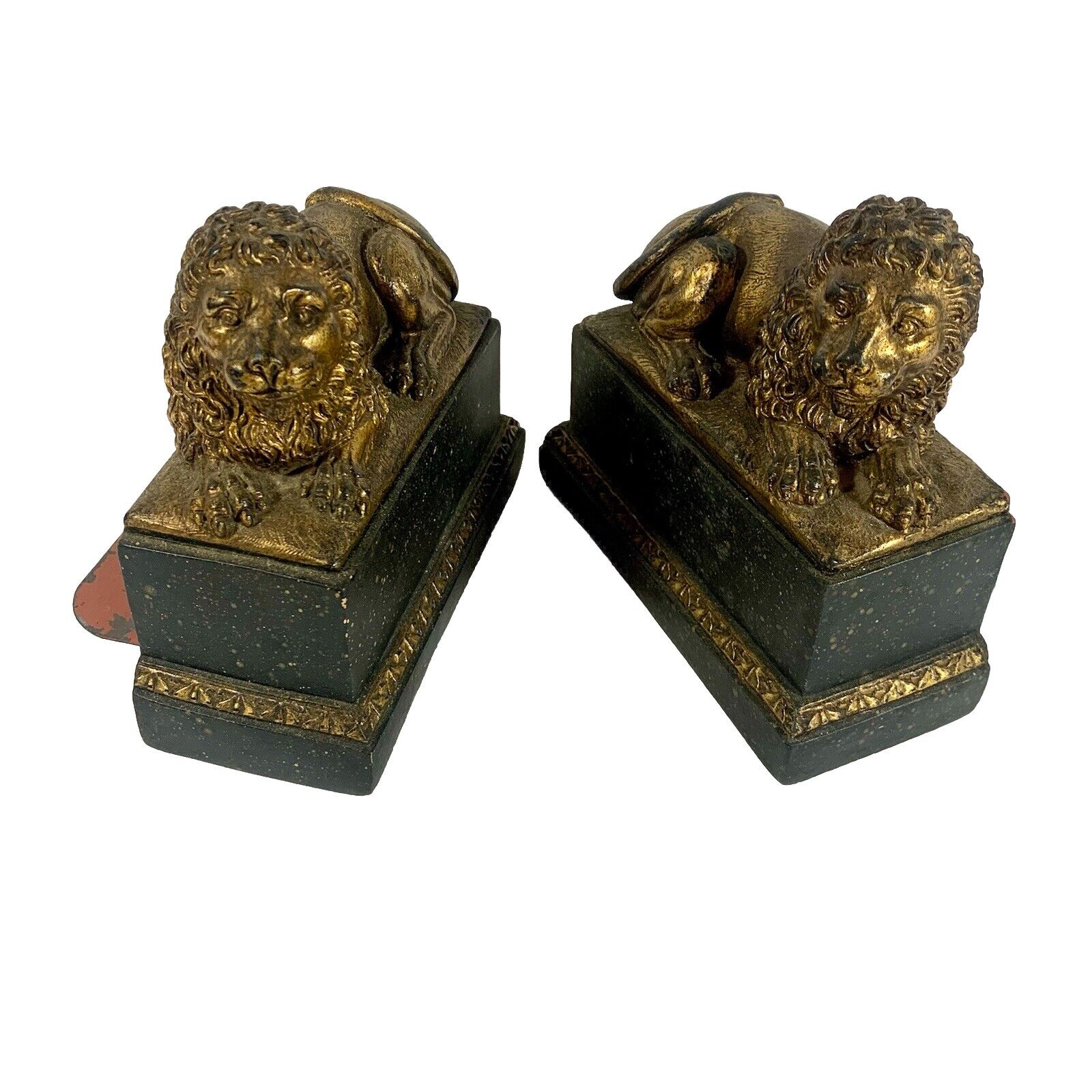 Set Of 2 VTG BORGHESE Bookends Golden Lions On Black Base 7x7x3” Italy READ
