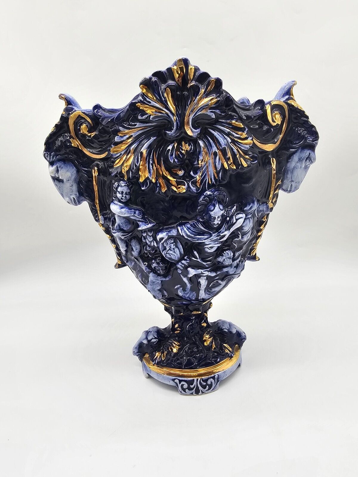 Rare Antique Blue Copodimote Vase Cherubs