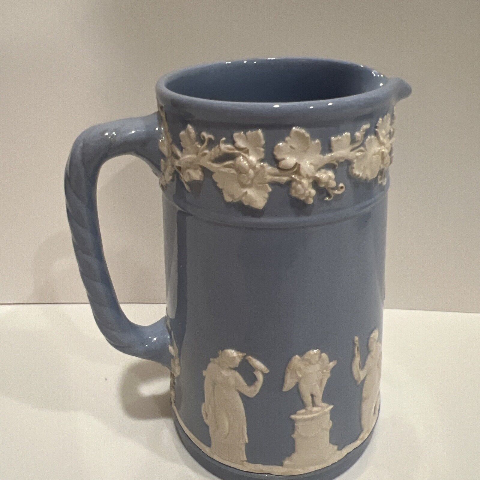 Wedgwood Embossed Queensware Blue White 4” rope handled Pitcher/Creamer