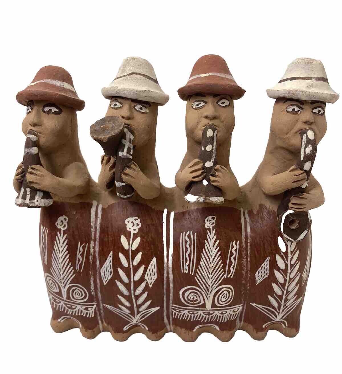 Peruvian Terra Cotta Clay Folk Art Figurine Band Flute Handcrafted Hand Painted