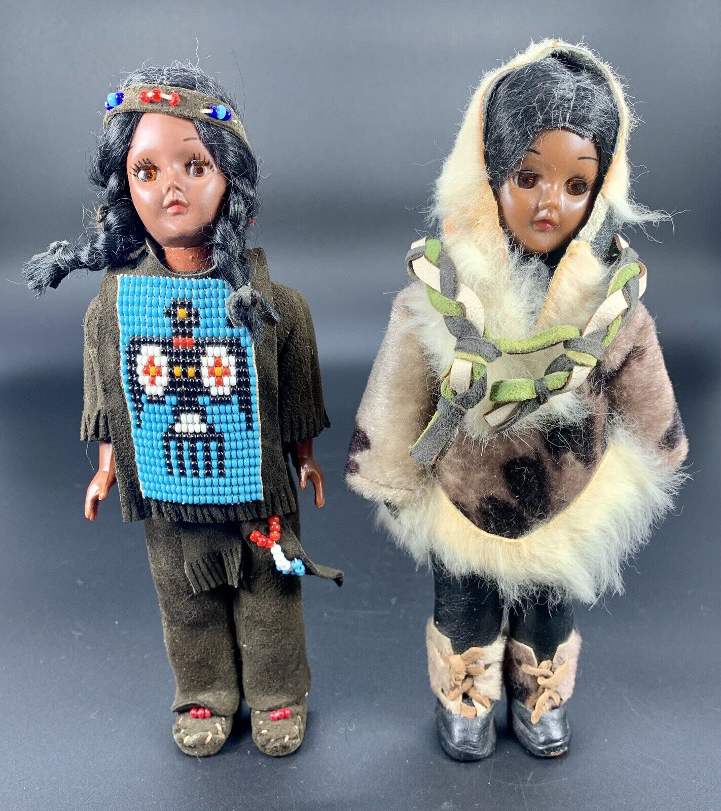 Lot Of 2 Carlson Dolls Sleepy Eyes Native American Vintage Suede Thunderbird