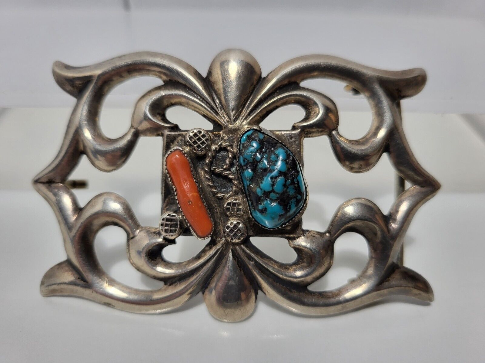 Vintage Martinez Bros Sand Cast Silver Native Buckle Turquoise Coral TB Marked