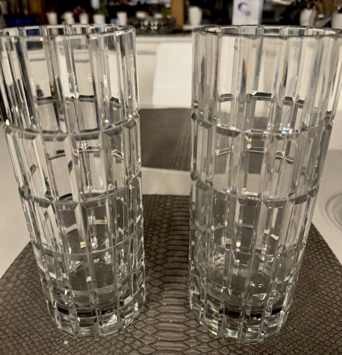 PAIR CARTIER Signed windowpane Cylindrical Flower Vases, 10\