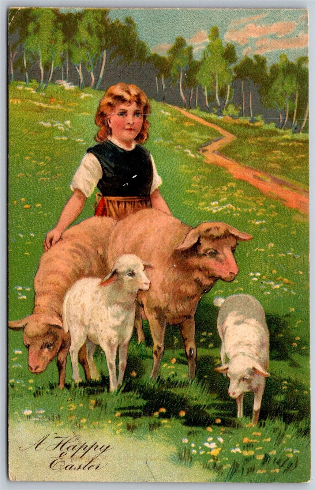 Vtg Happy Easter Greetings Victorian Girl With Lambs Sheep 1910s PFB Postcard