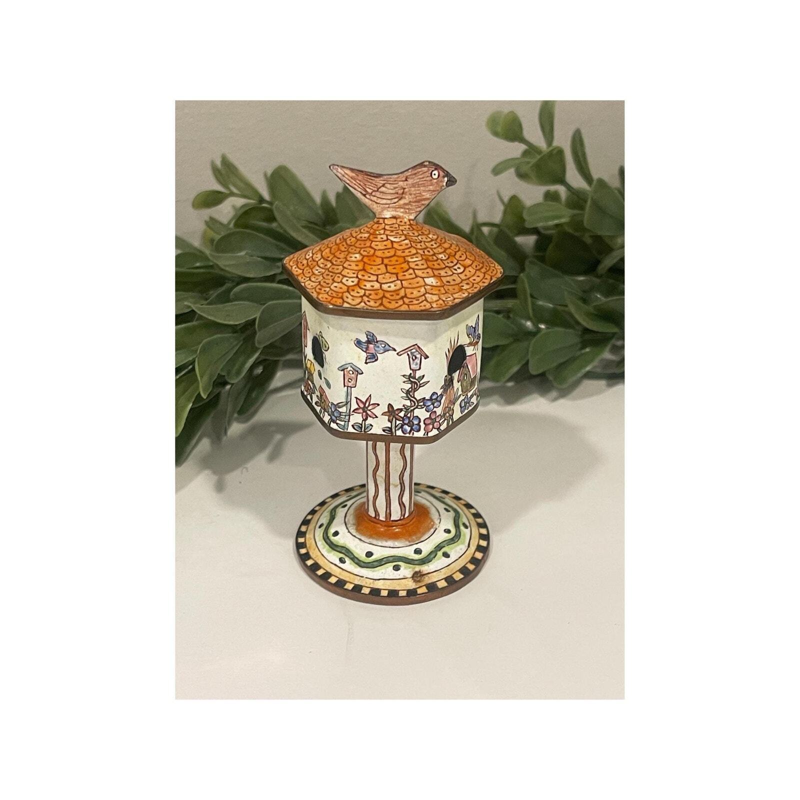 Vintage Enamel over Brass hand painted lidded Bird House/Feeder Trinket Box |