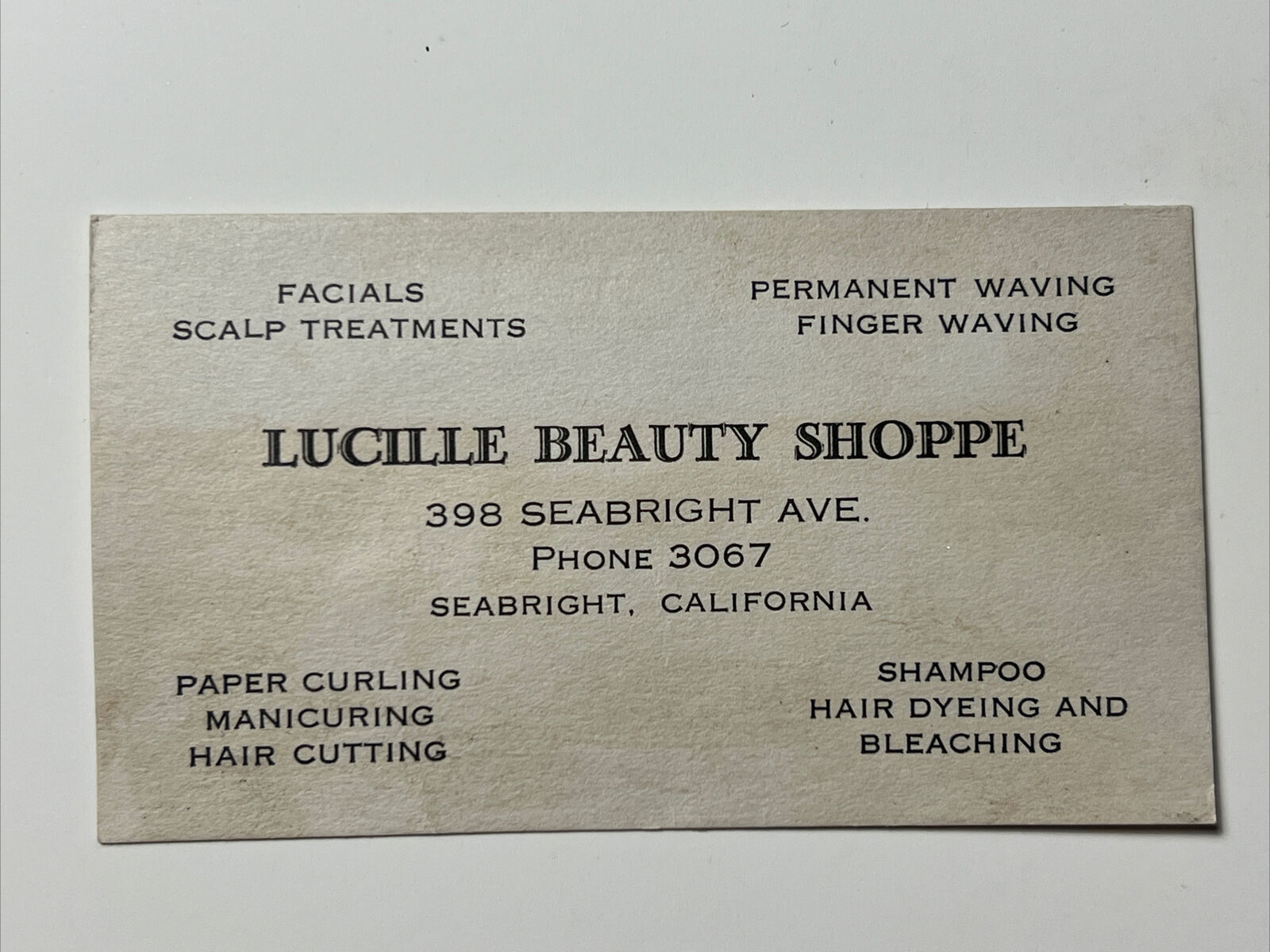 1940s LUCILLE BEAUTY SHOPPE salon Business Card SEABRIGHT CALIFORNIA