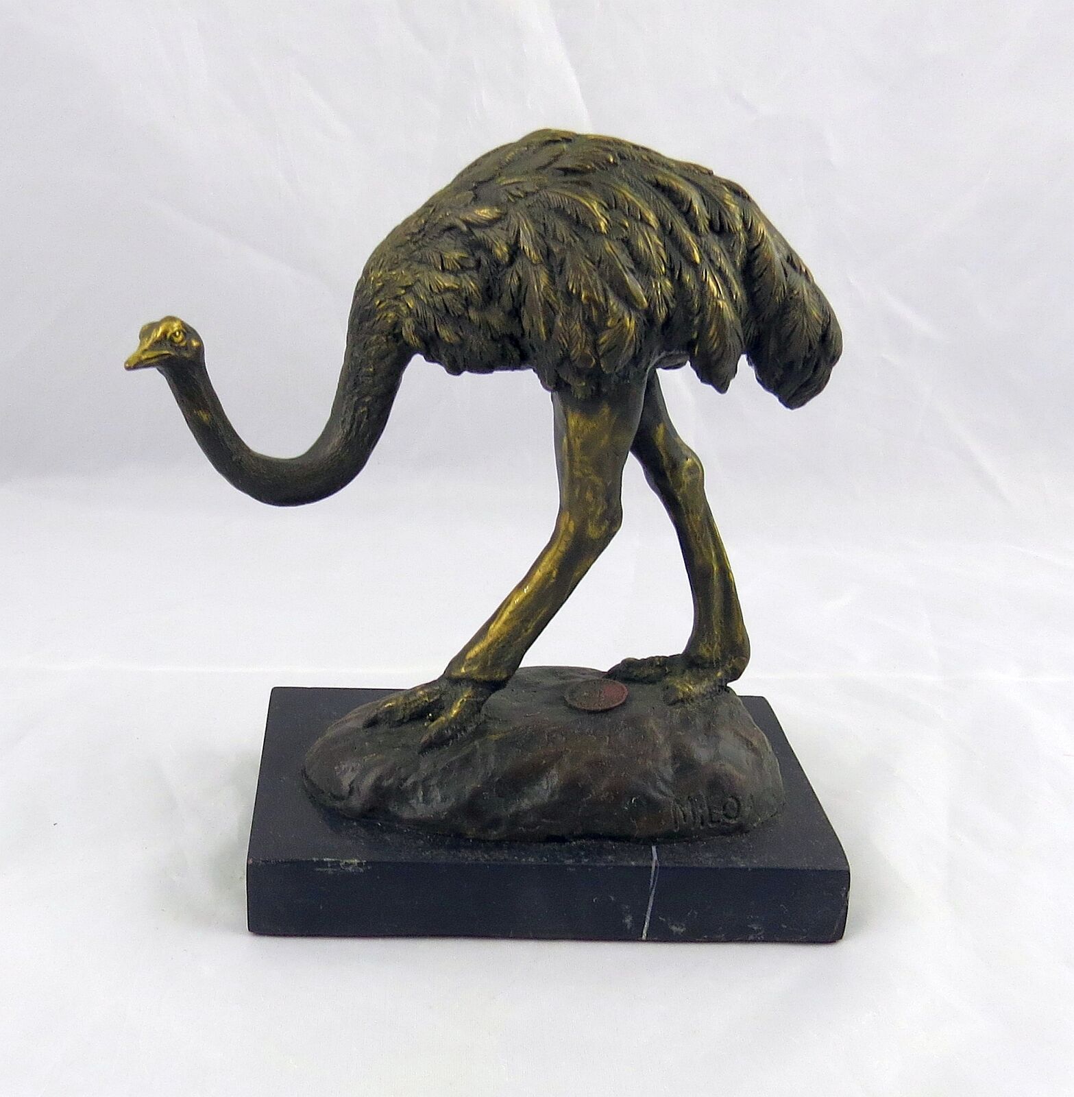 Signed Milo Bronze Ostrich Sculpture on Marble Base Paris Maker\'s Medallion 7\