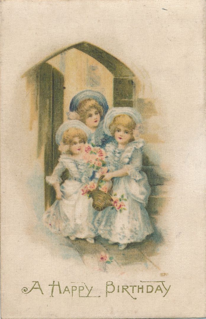BIRTHDAY - Three Dressed Up Girls A Happy Birthday Silk Covered Postcard - 1910