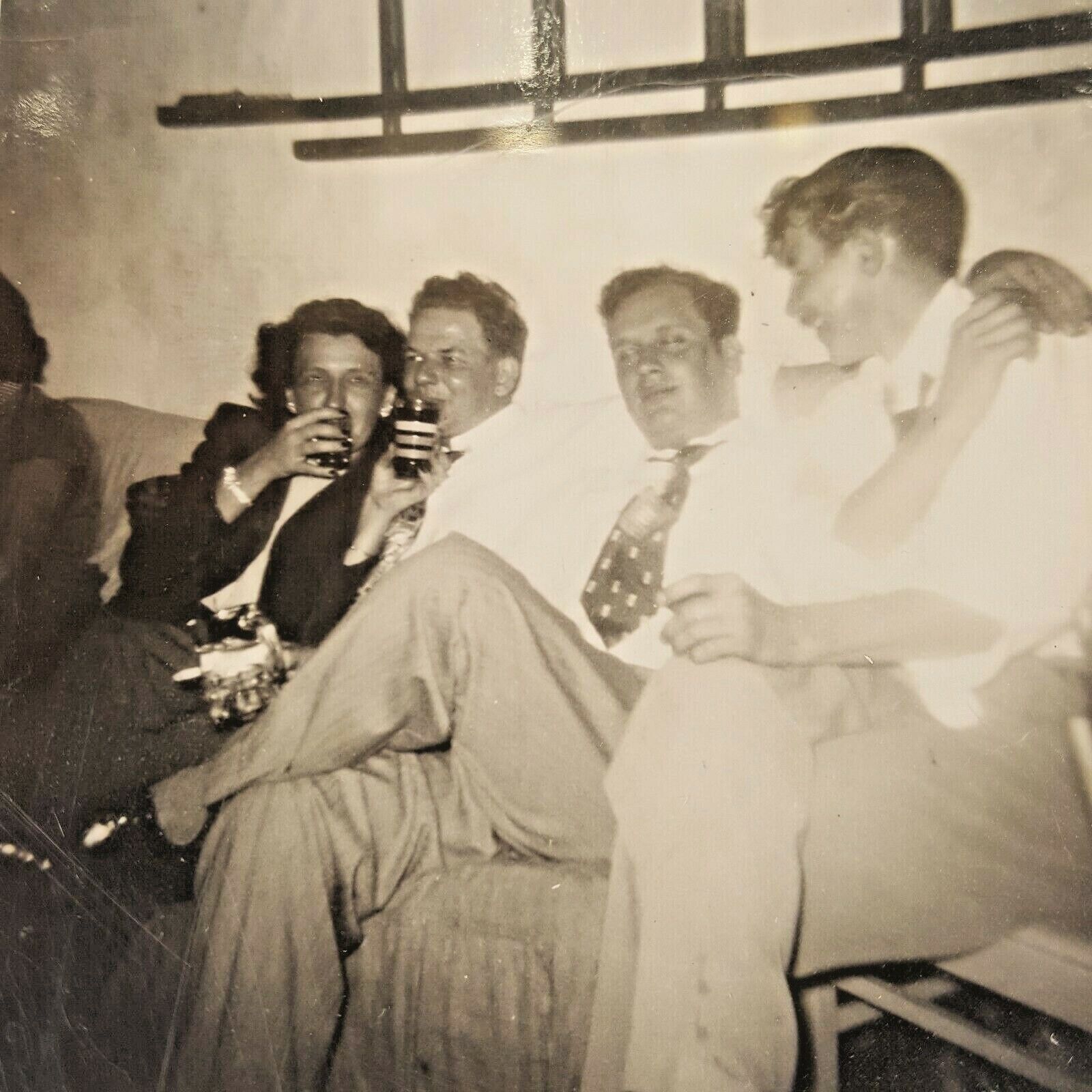 Vintage B&W Photo Men and Woman Drinking at Risqué Cocktail Party 