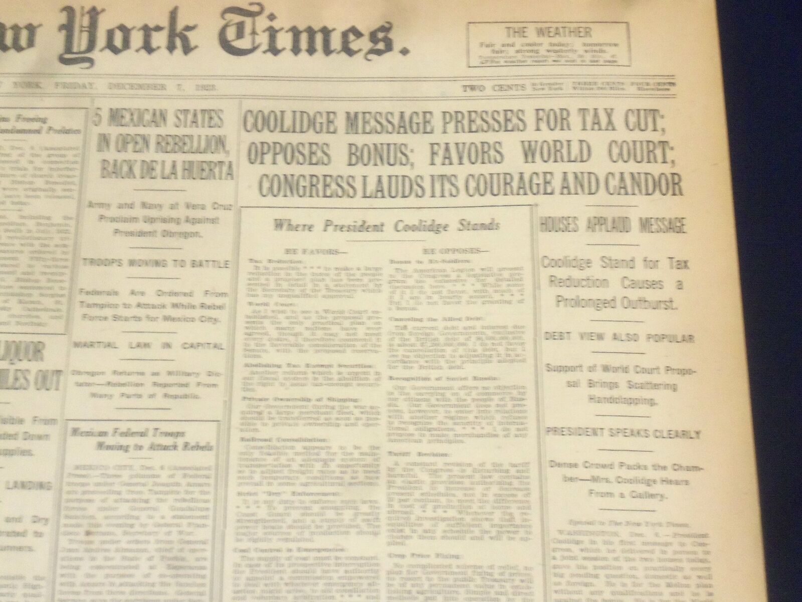 1923 DECEMBER 7 NEW YORK TIMES - COOLIDGE MESSAGE PRESSES TAX CUT - NT 9215