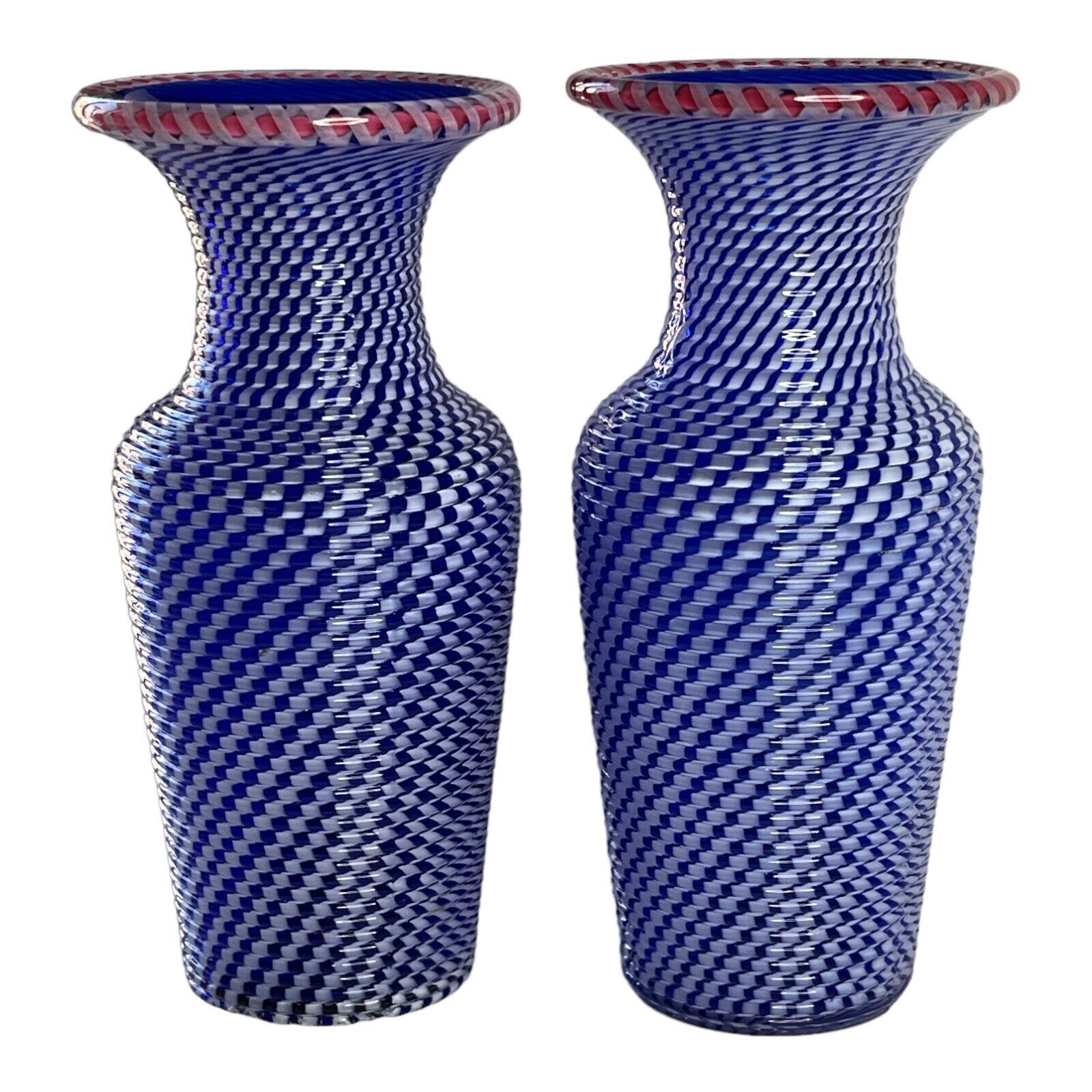 Pair Antique Clichy Latticinio Blue Ribbon Patterned Vases w/Red Trim France