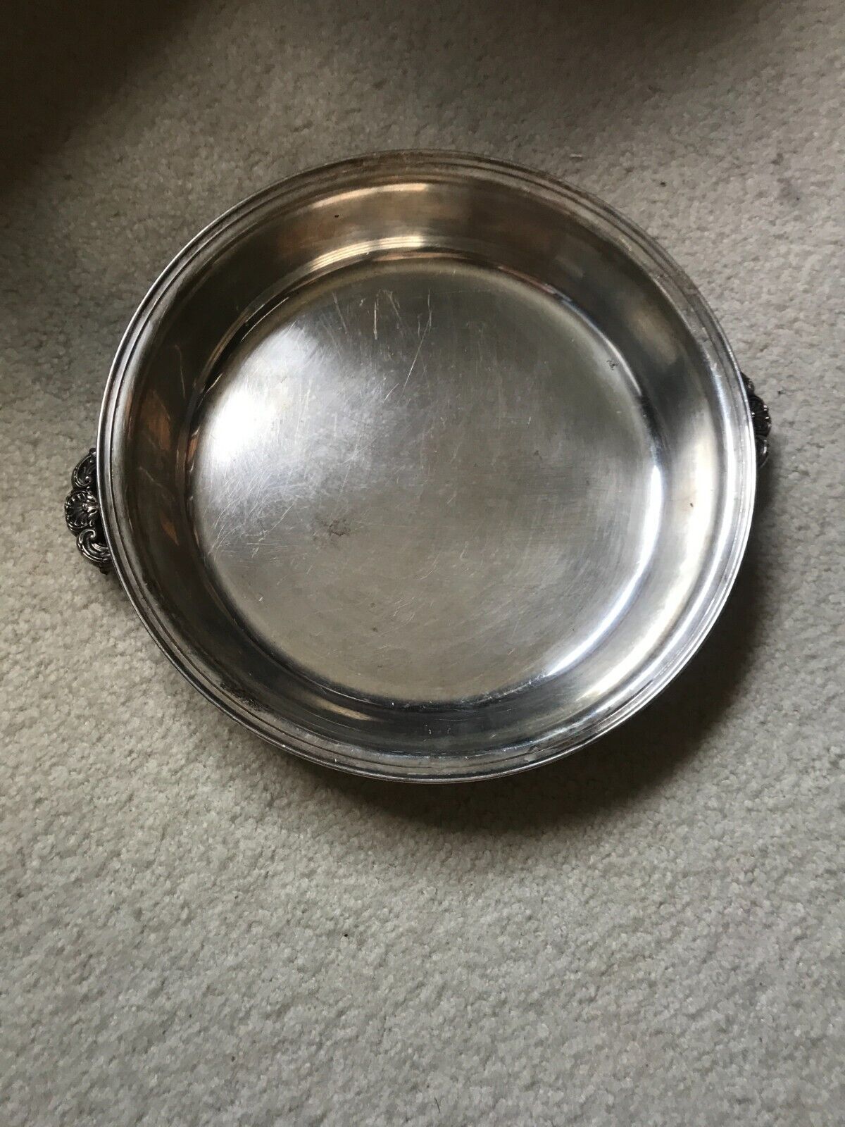 Vintage 1950s Silver Round Serving Bowl / Pan / Dish With 2 Handles 11