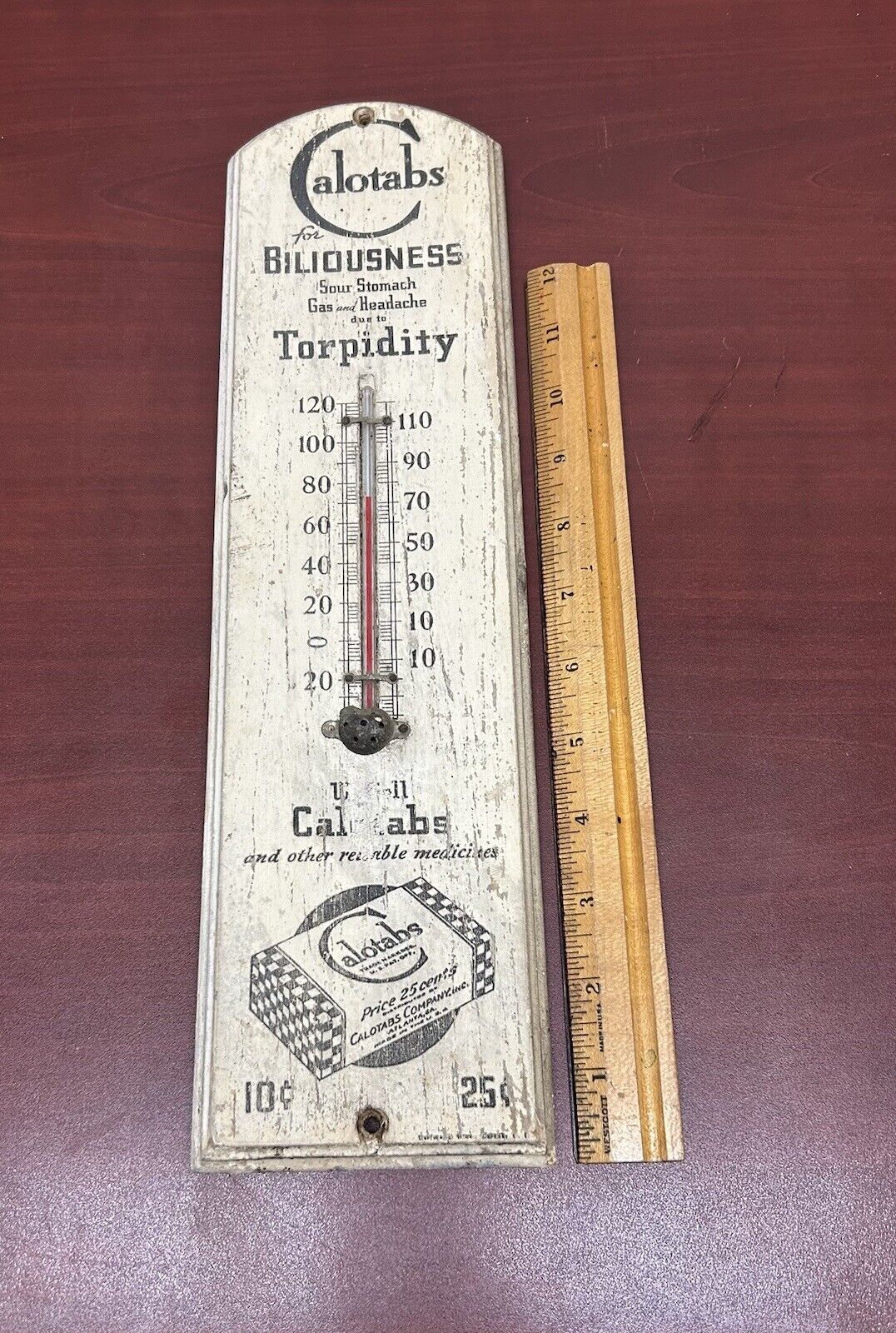 Vintage 1940\'s CALOTABS DRUGSTORE PHARMACY ADVERTISING WOODEN THERMOMETER SIGN