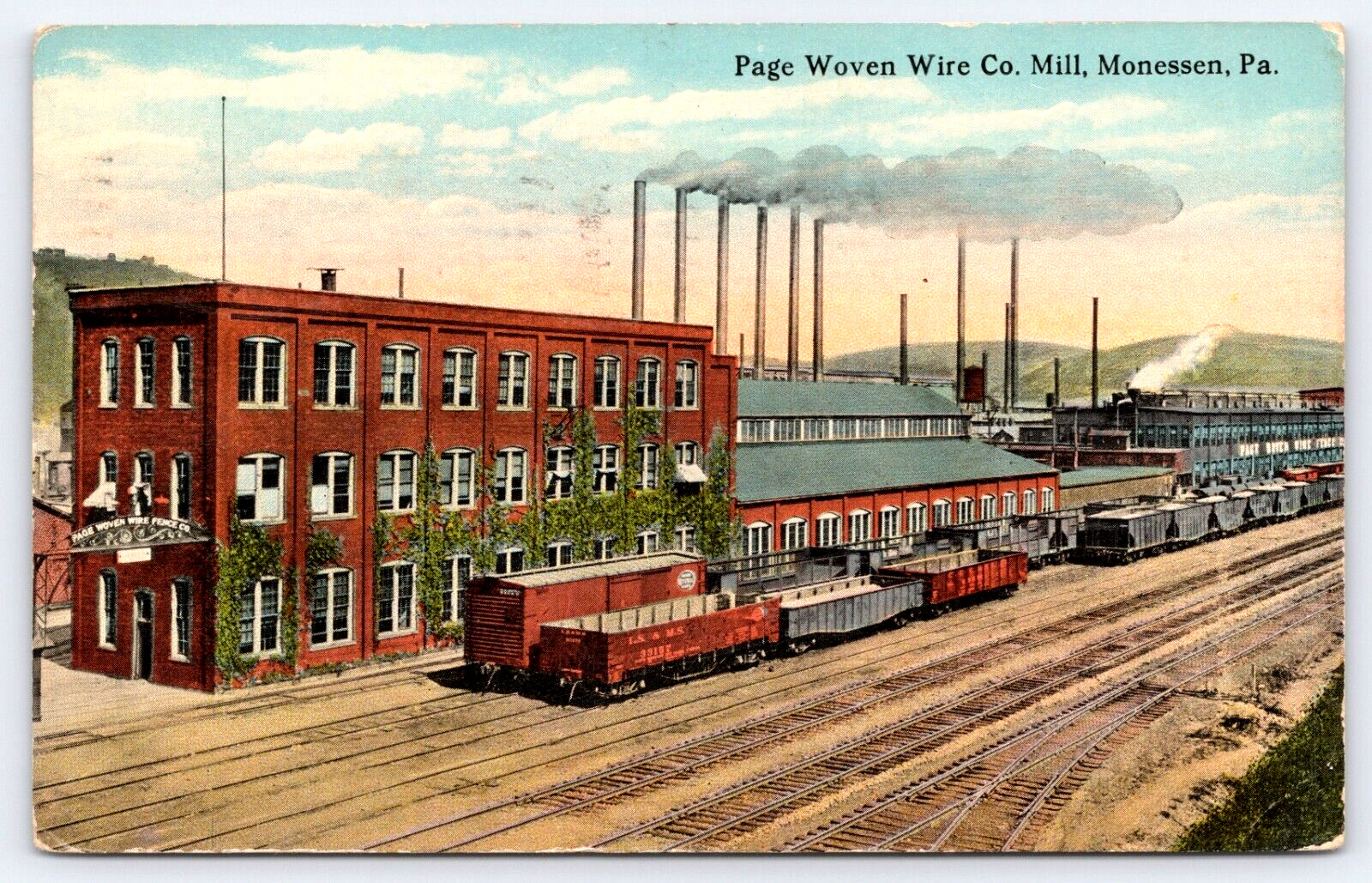 Postcard Monessen Pennsylvania Page Woven Wire Co.  Mill Trains Posted 1916