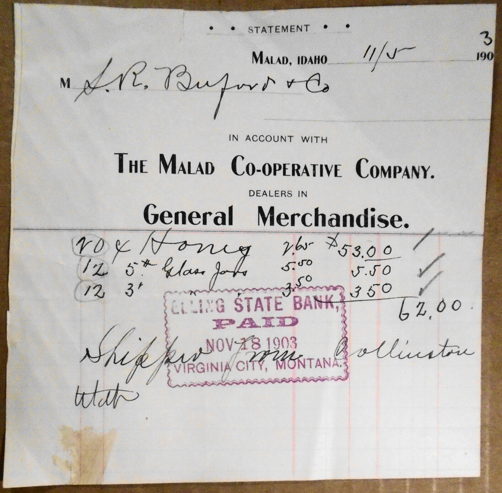 1903 Statement of S. R. Buford, in account with Malad Co-operative Co., Malad ID