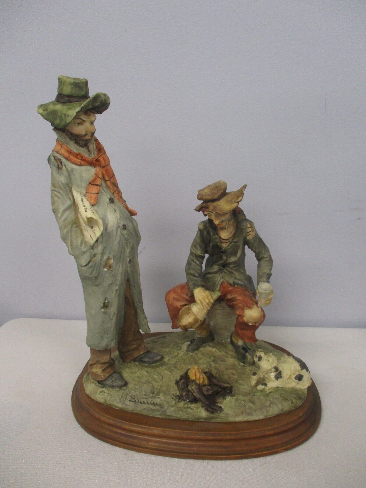 VINTAGE CAPODIMONTE SIGNED A. SANTINI 2 BUMS DRINKING WINE BY THE CAMPFIRE 13