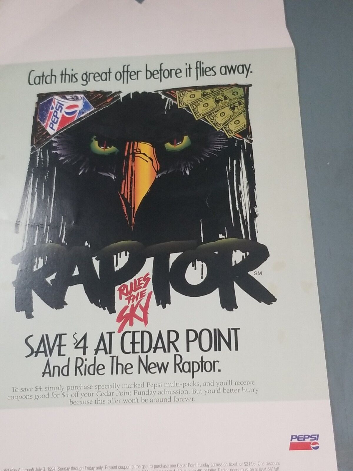 Cedar Point Raptor Rules the Sky (1994) Pepsi Store Display Theme Park 32X18
