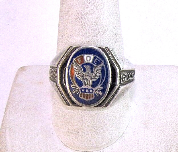 Vintage Fraternal Order of Eagles Ring Sterling Silver Red Blue Inlay Size 10.5