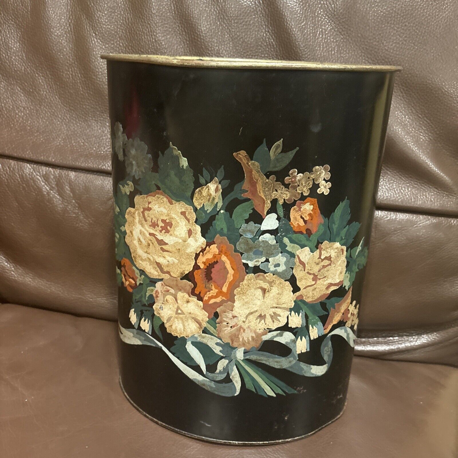 Vtg Waste Basket Trash Can Metal Tin Floral Flowers Mid Century 1960's Very Nice