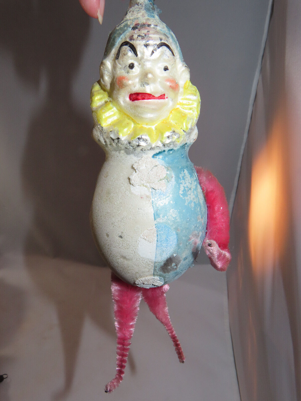 Antique German Glass Joey Clown Christmas Ornament w/ Chenille Arm & Legs