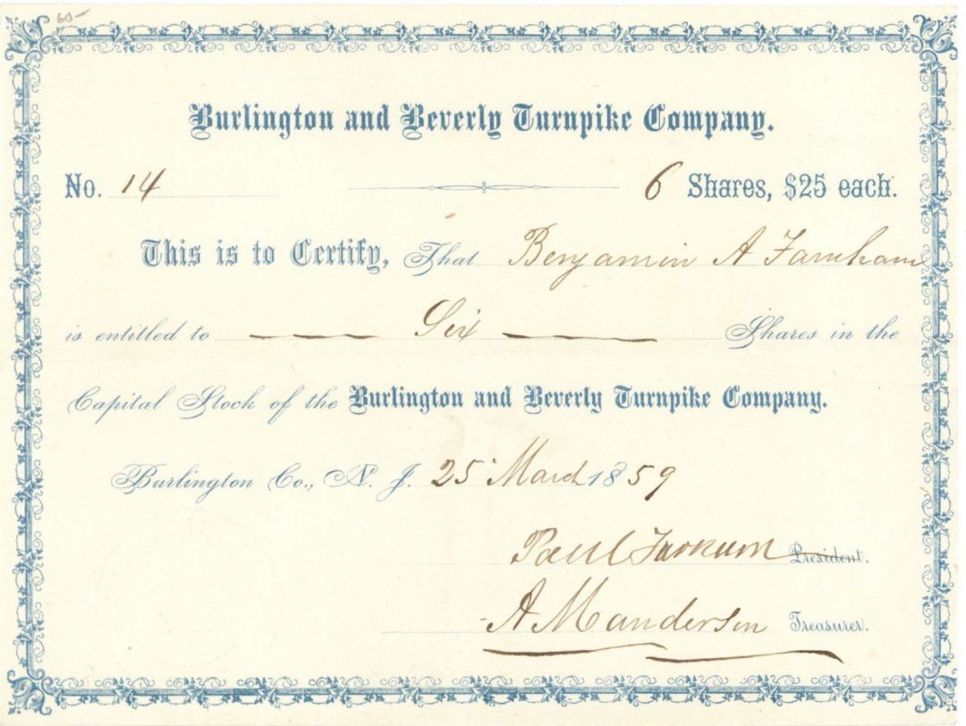 Burlington and Beverly Turnpike Co. - Stock Certificate - Early Turnpike Stocks