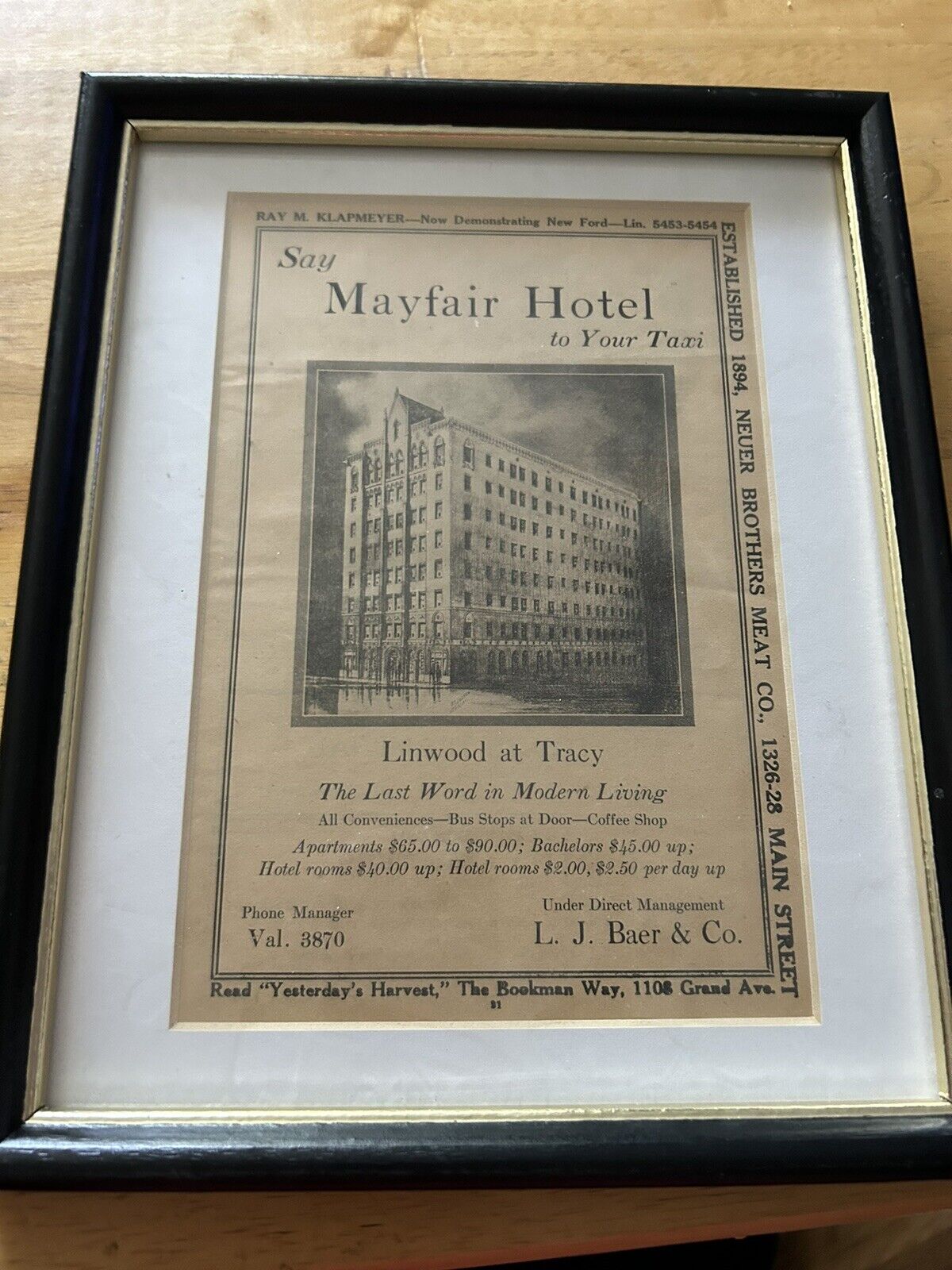 VINTAGE ADVERTISING PIECE FOR: MAYFAIR HOTEL--FRAMED 8X10 INCHES