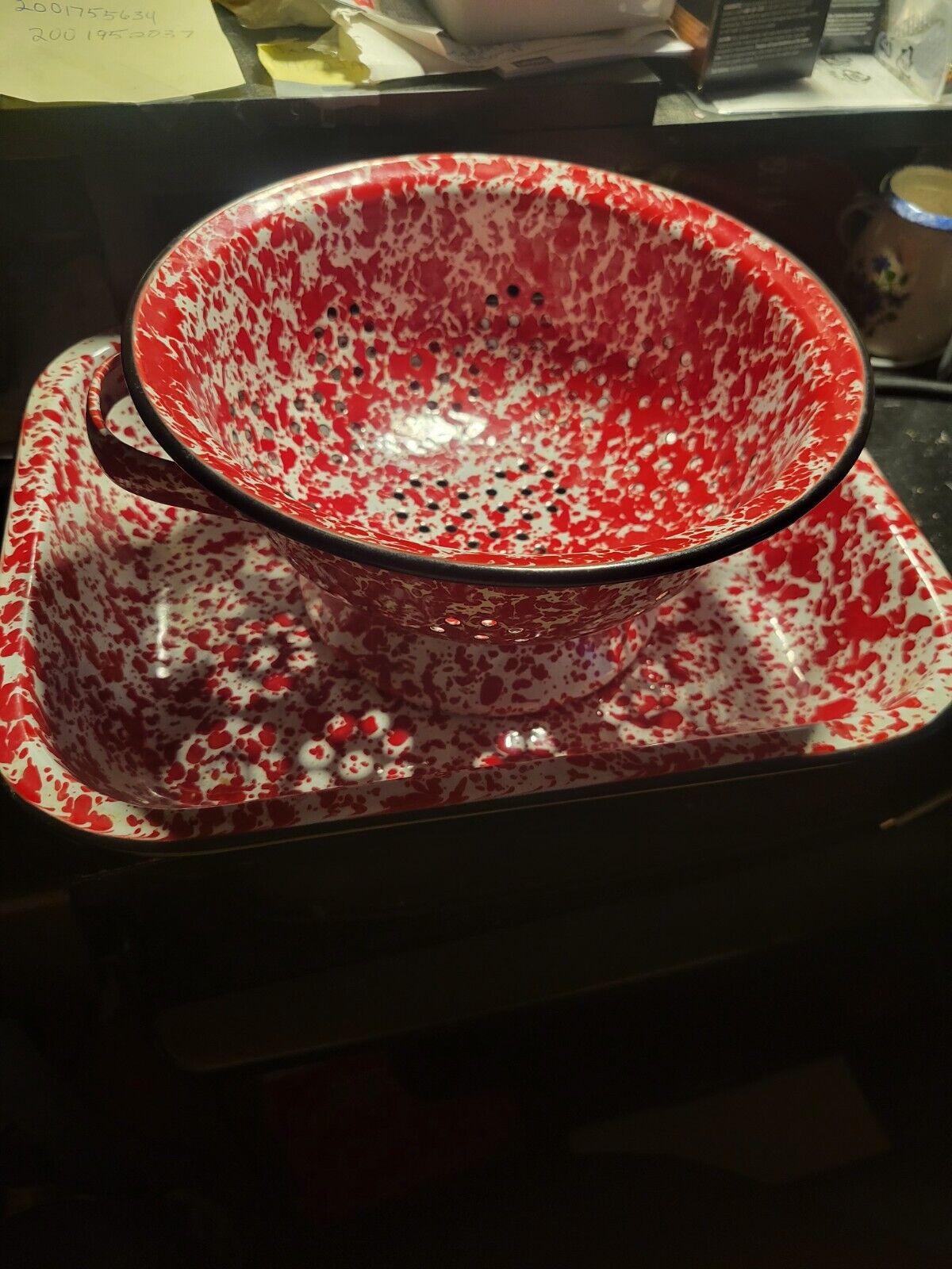 Vintage Red and White Enamelware Callander and Roasting Pan