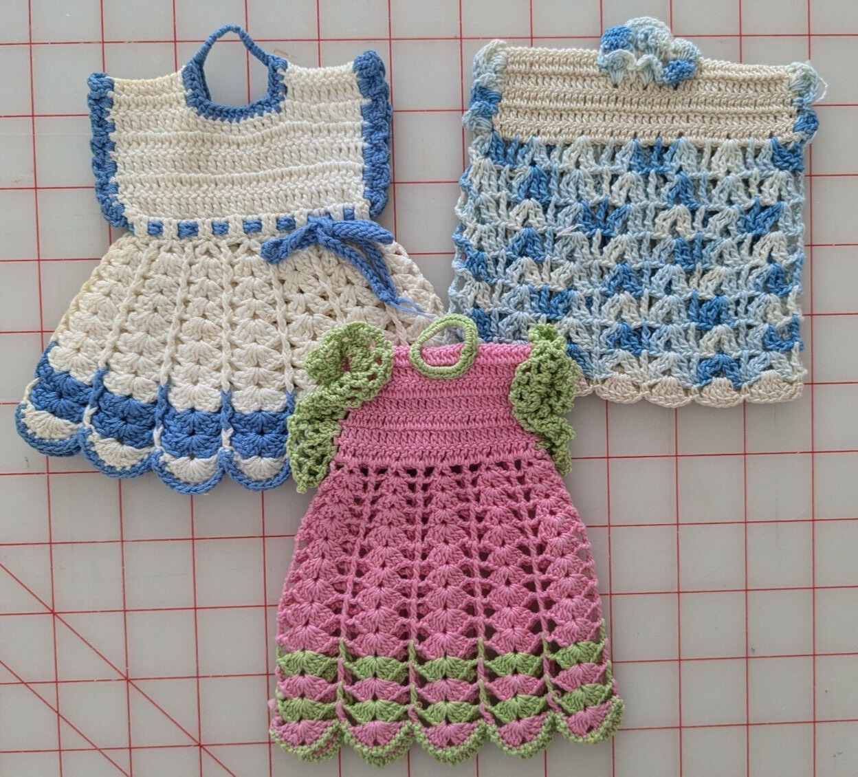 3 Vintage Hand Crocheted DRESSES Pot Holders