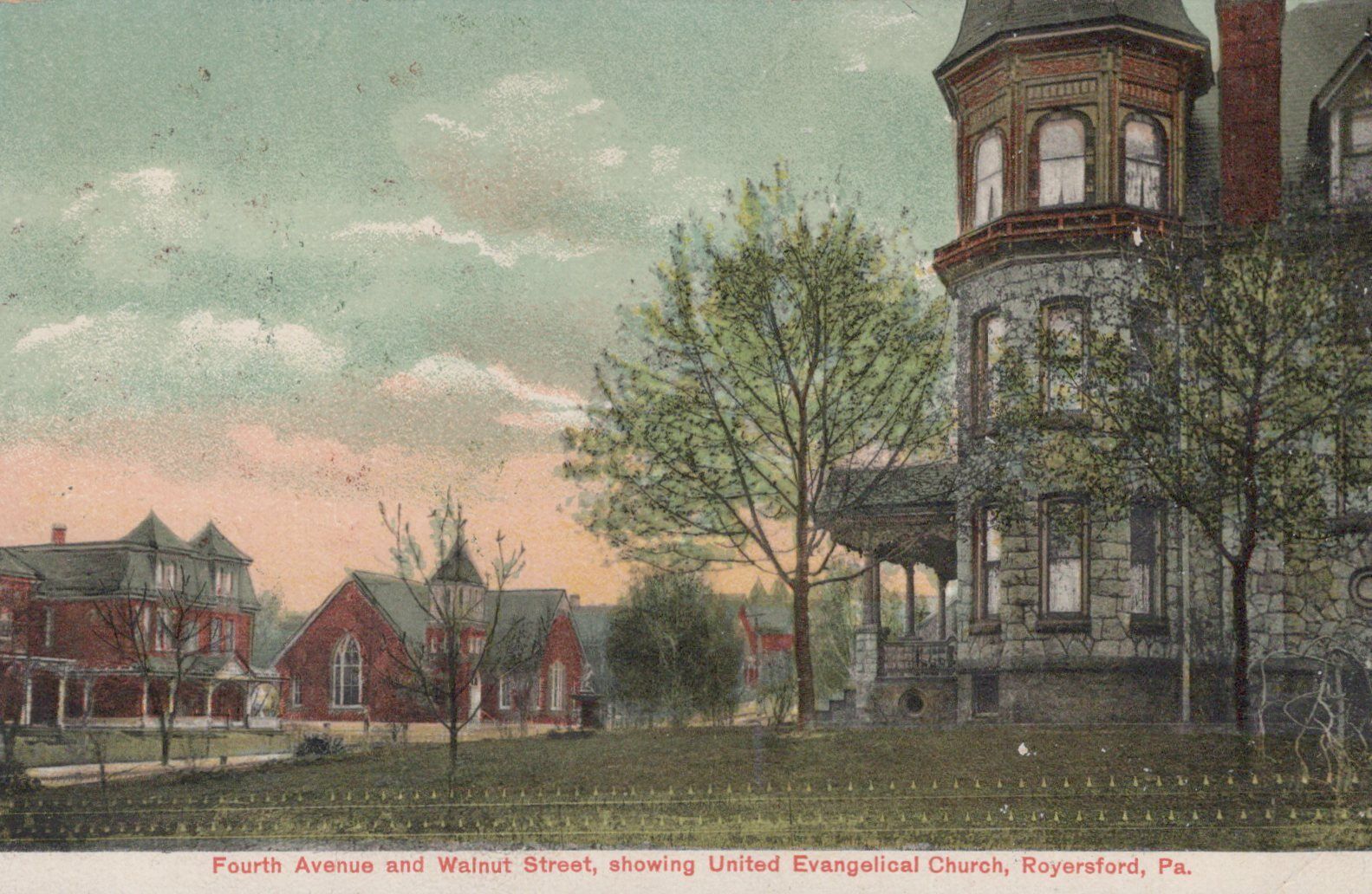 Postcard Fourth Avenue and Walnut Street United Evangelical Church Royersford PA