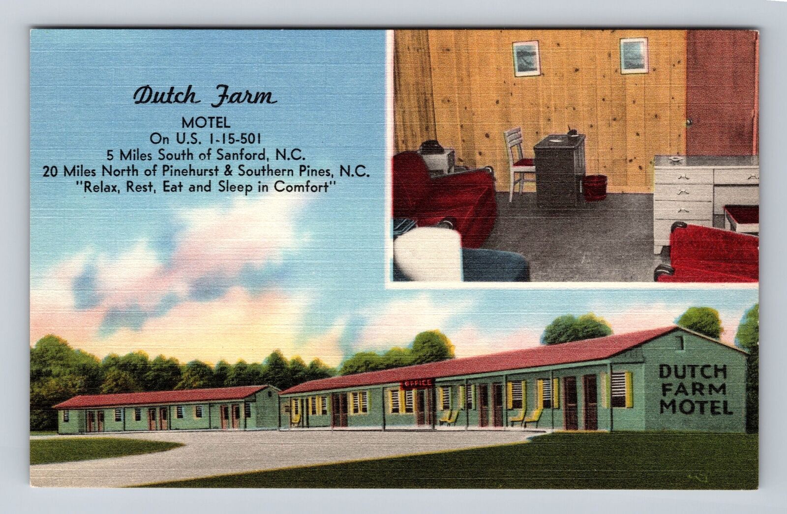 Sanford NC-North Carolina, Dutch Farm Motel, Advertising Vintage Postcard