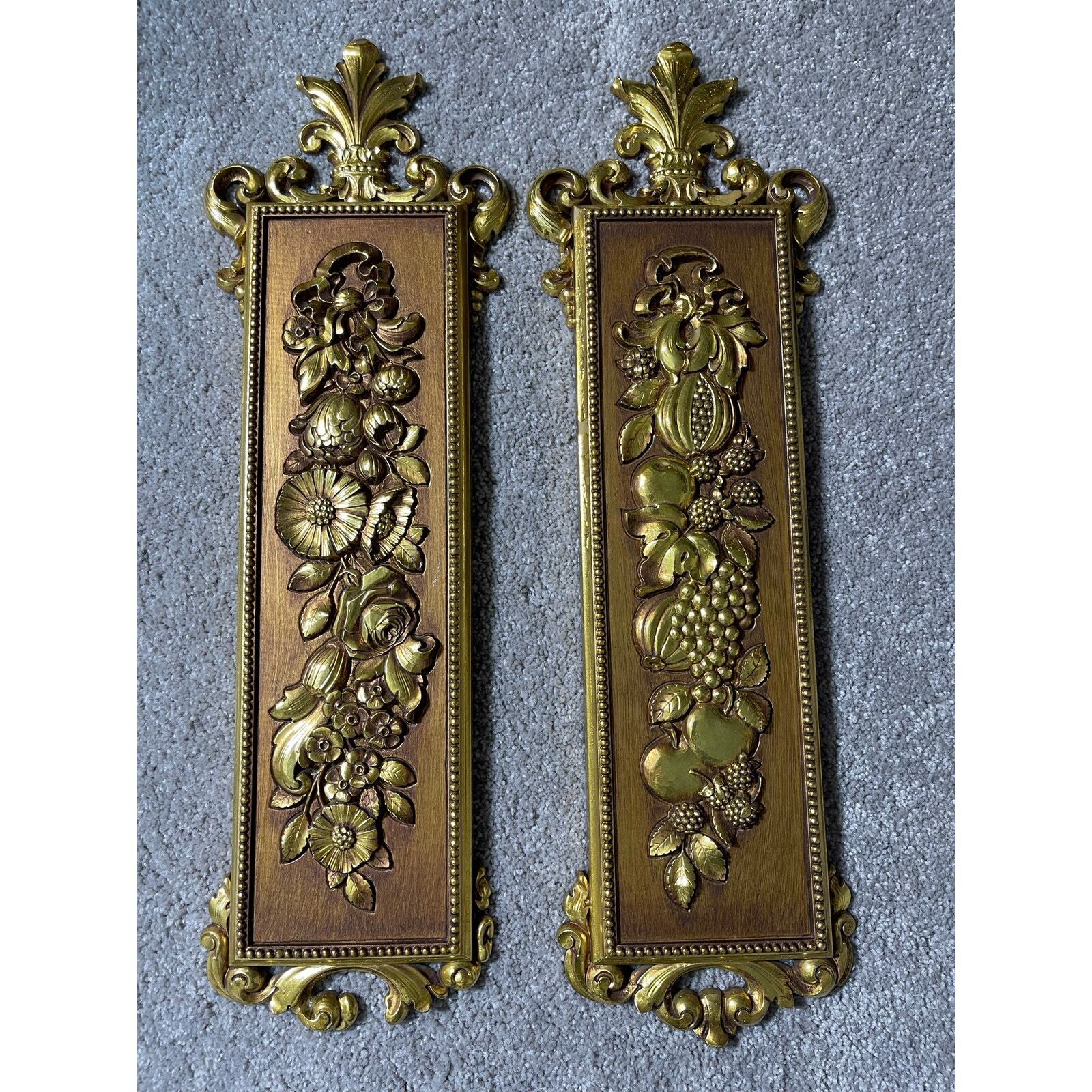 Vintage Syroco Floral Wall Plaques Set of 2 7222 Fruits & Florals Gold