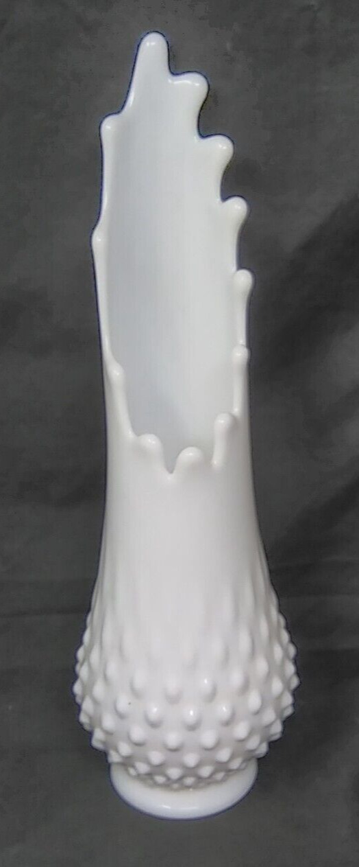 Vintage Fenton Hobnail Milk Glass Swung Glass Vase 12” x 3.5