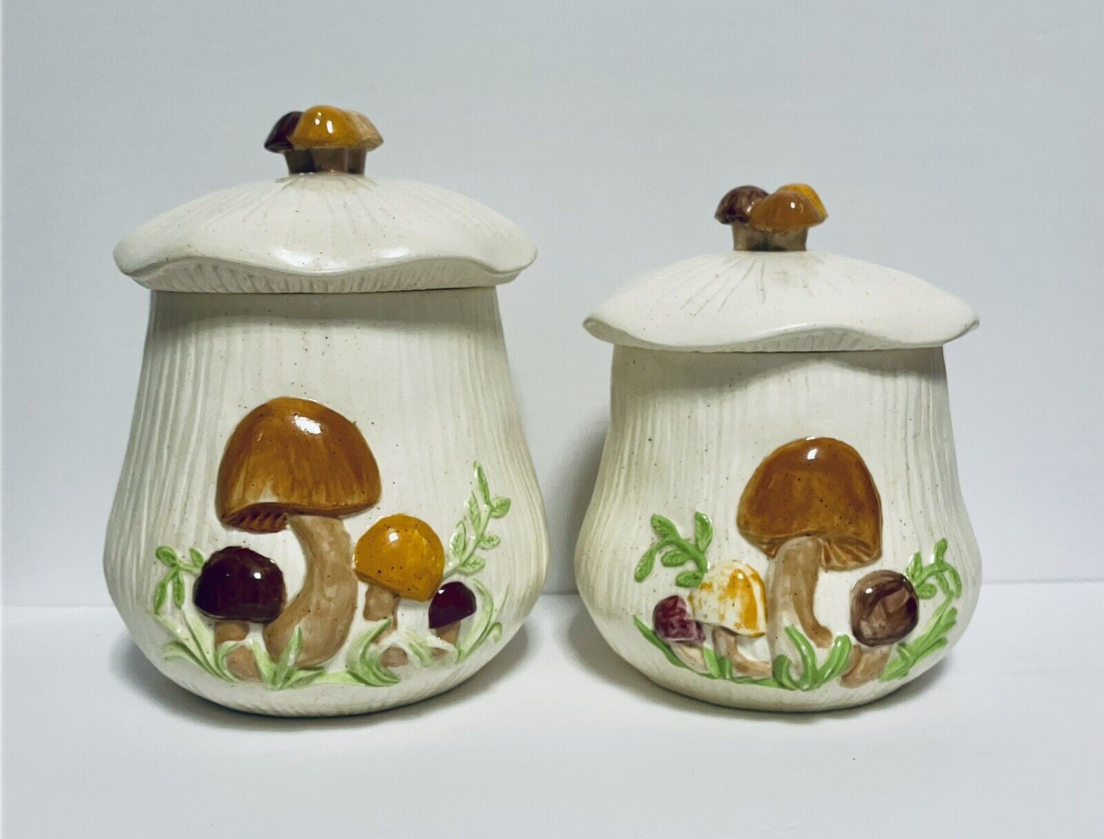 VTG Arnel's Ceramic Mushroom Canister Set of 2 Cream Earth Tone Colors Signed