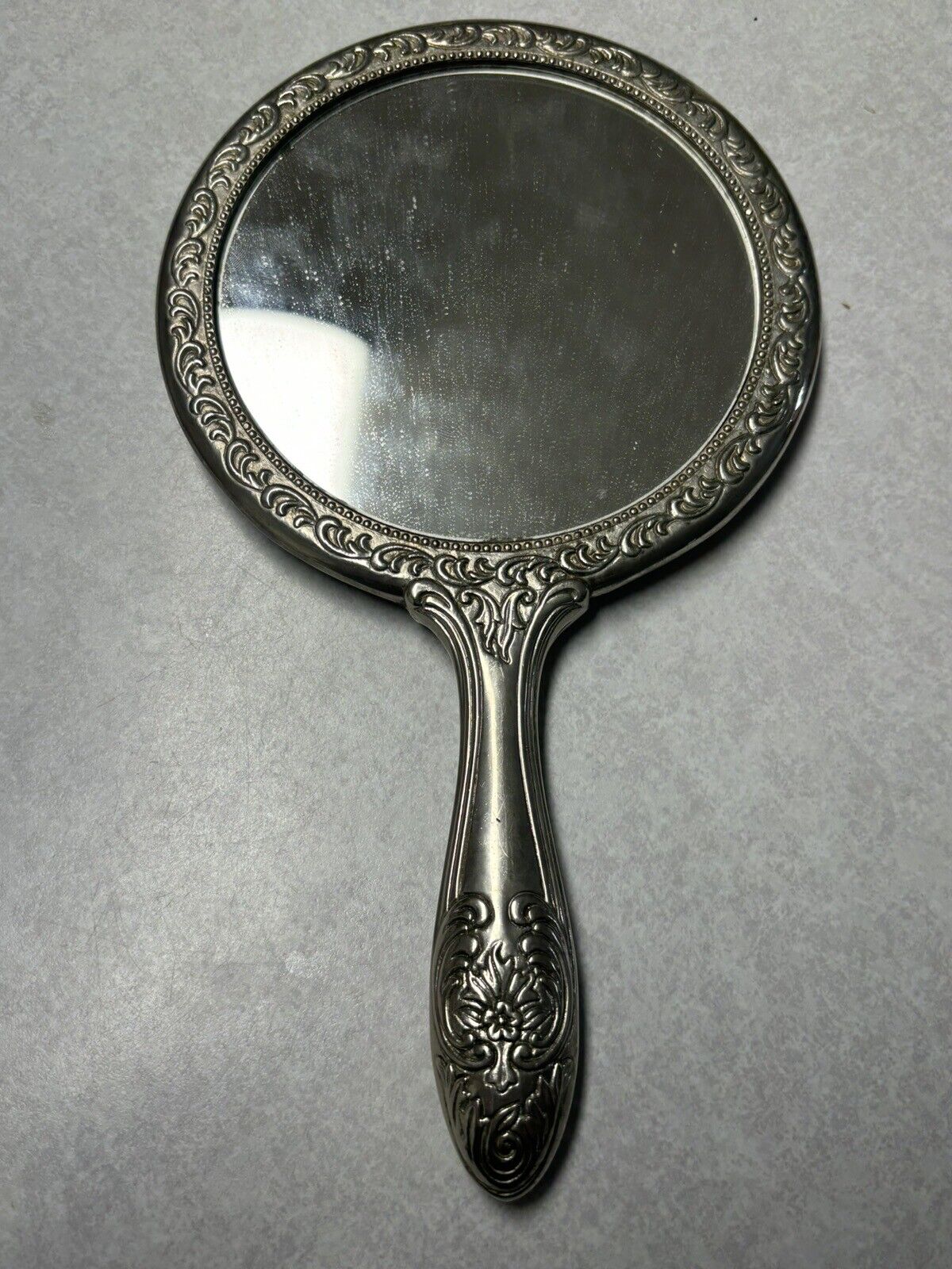 Heavy Vintage Ornate Vanity Mirror  Silver Plated Floral Design