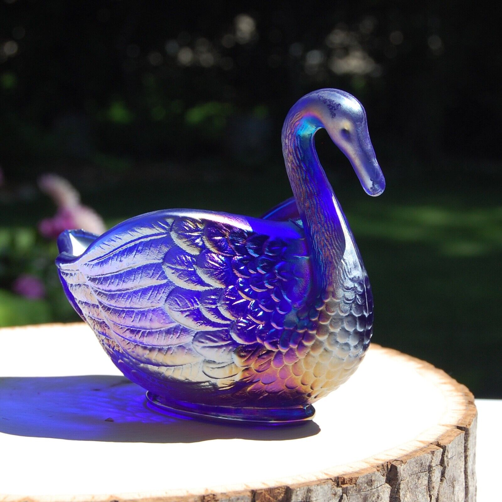 Imperial Glass Swan Open Trinket Candy Dish Iridescent Carnival Cobalt Blue Tag
