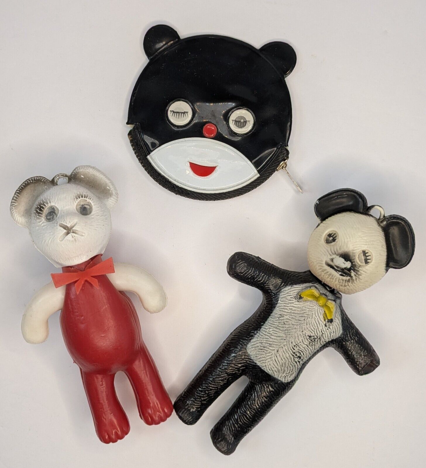 3 Vintage 1950's Toy Bears & Panda Zip Coin Purse Pouch Lenticular Eyes 3D Lot