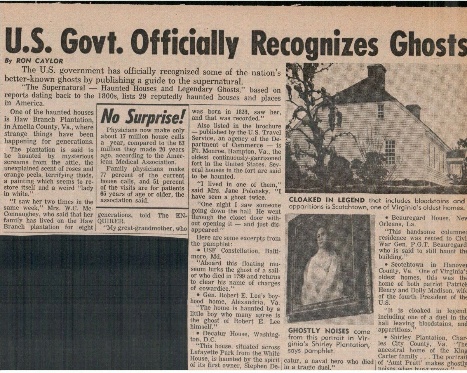 1970's  “U.S. Government Officially Recognizes Ghosts” National Enquirer article