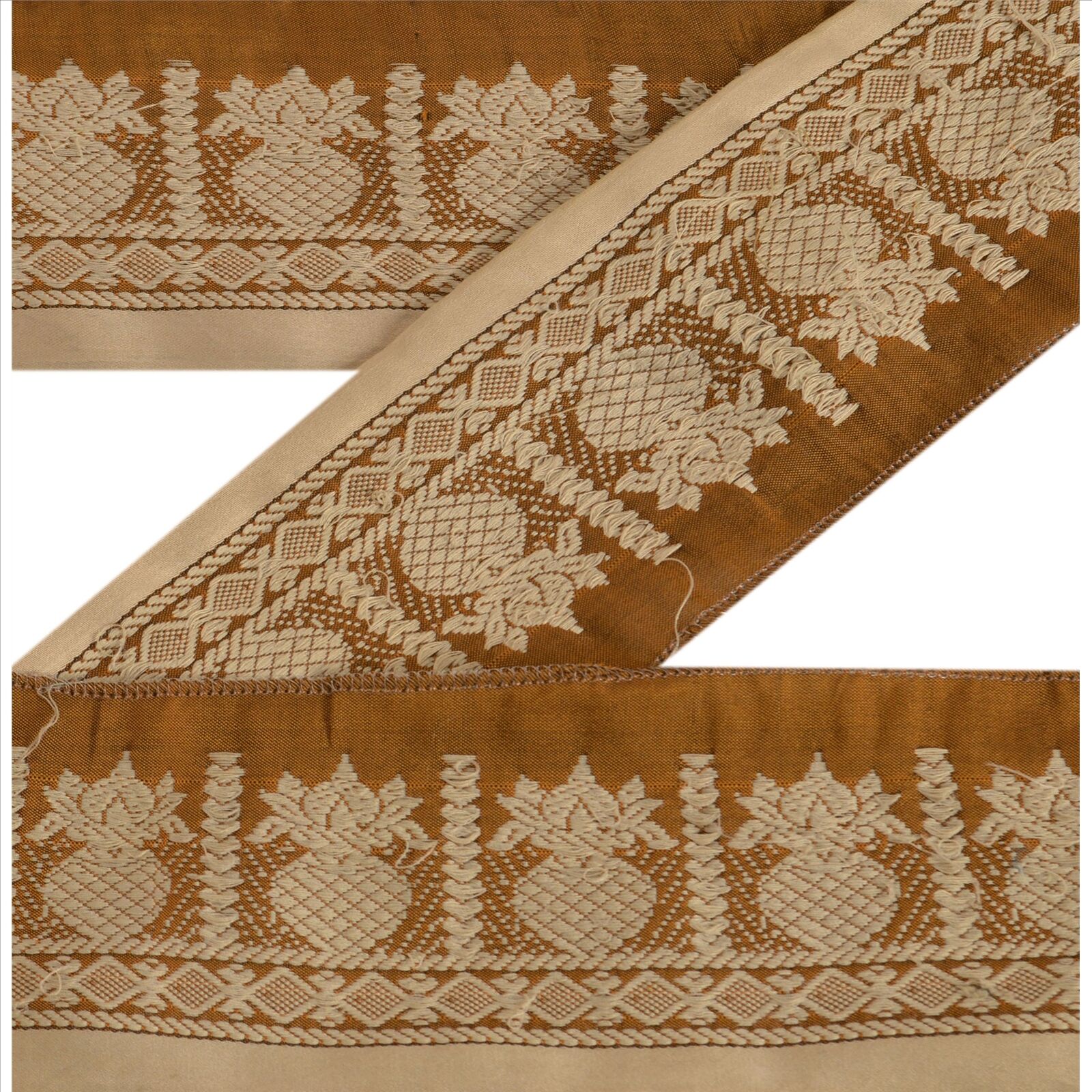 Vintage Sari Border Antique Embroidered Woven  Trim Sewing Saffron Lace