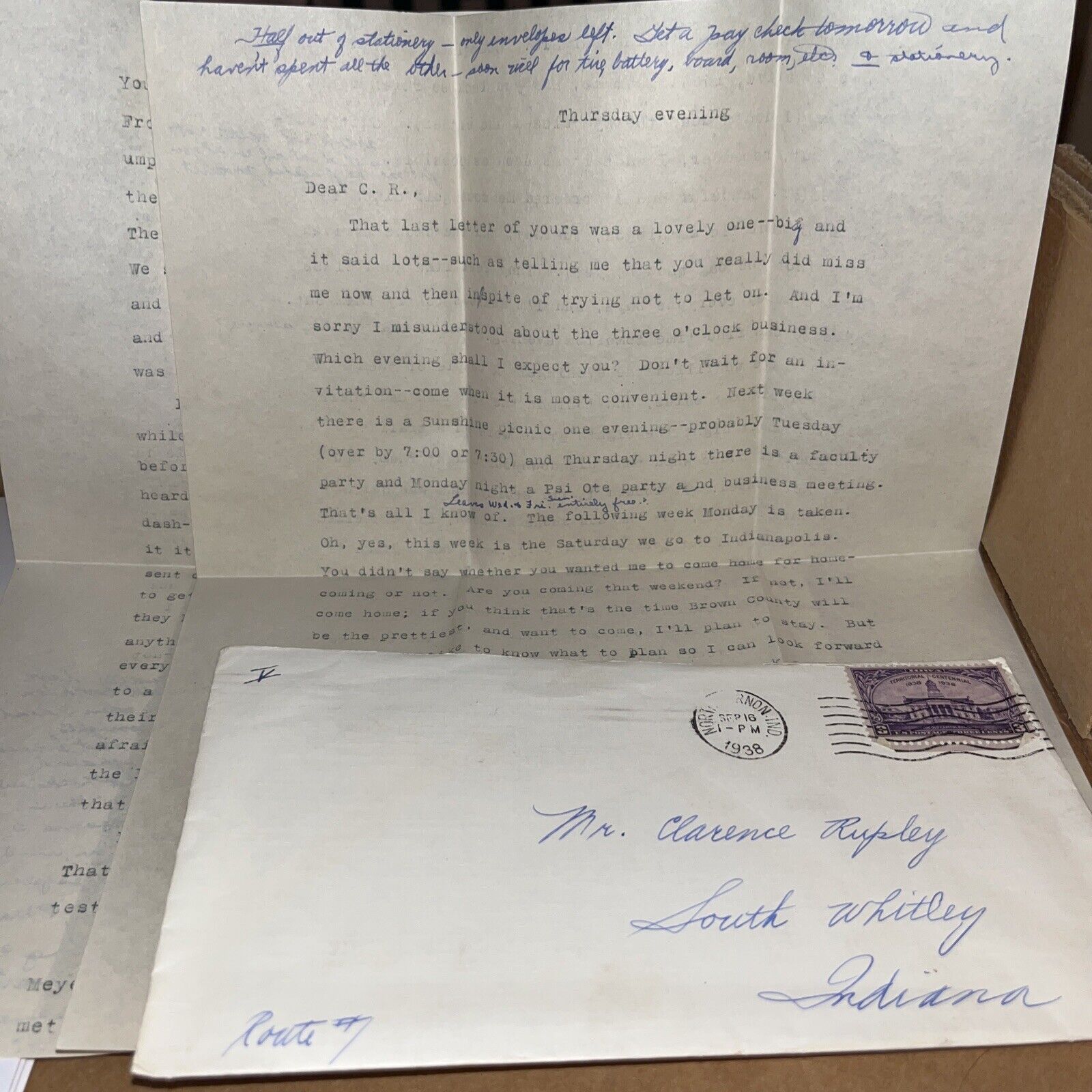 1938 Correspondence to South Whitley Indiana: Female Learns Golf, Predicts WWII