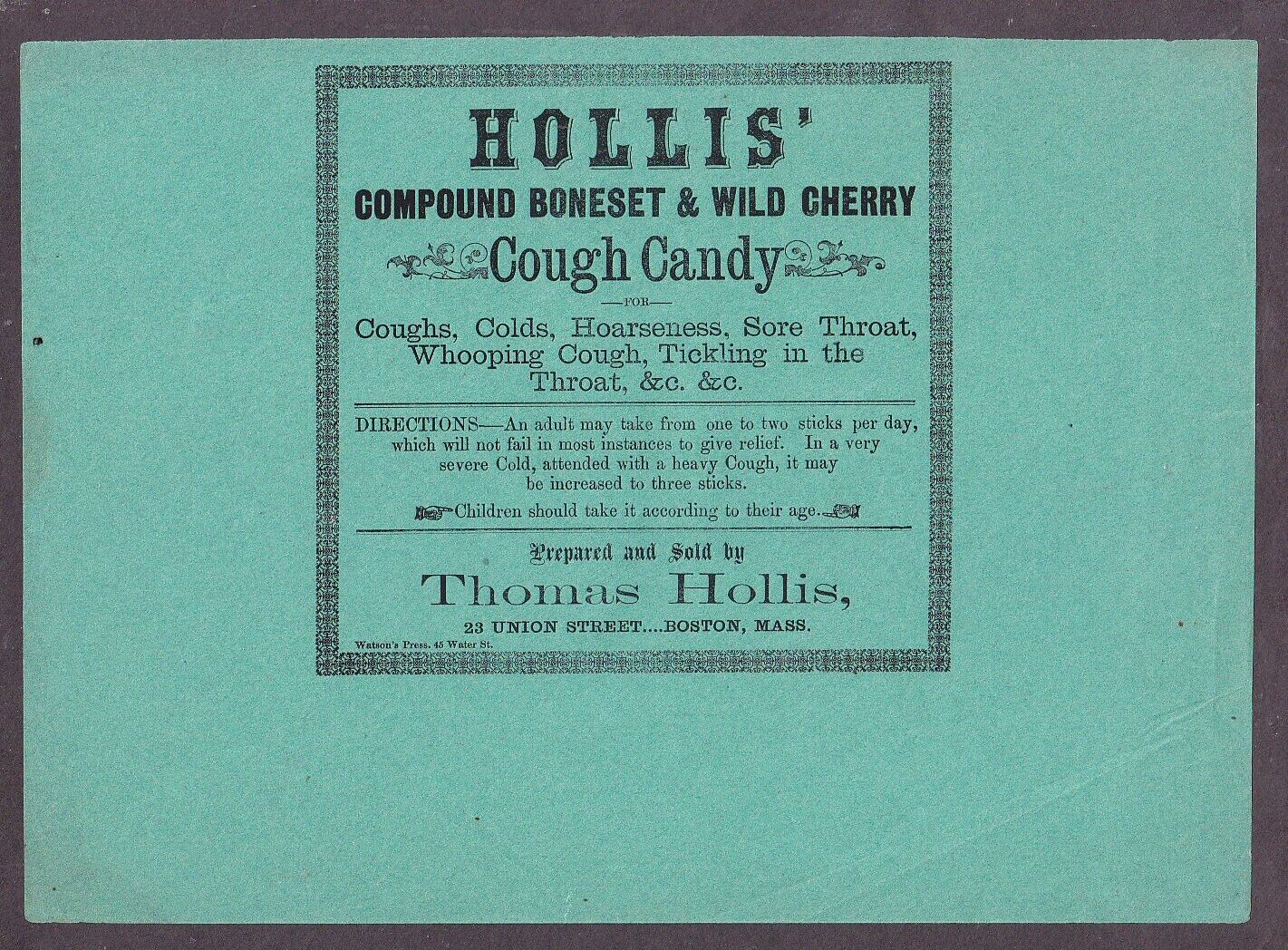 Broadside for Thomas Hollis Cough Candy Sticks Boston MA circa 1850\'s