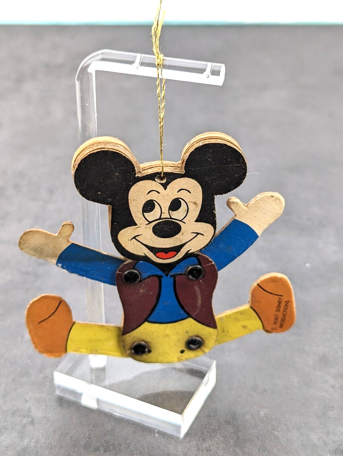 Vintage Mickey Mouse Disney Ornament Poseable Figure Paper Jointed Wood E4