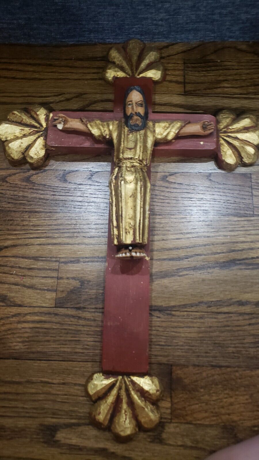Vintage Mexican Folk Art Jesus Crucified Cross Wood Crucifix Baroque Style