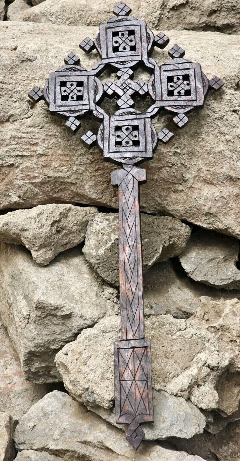 Vintage Wooden Ethiopian Hand Carved Cross  Orthodox Coptic Christian Blessing