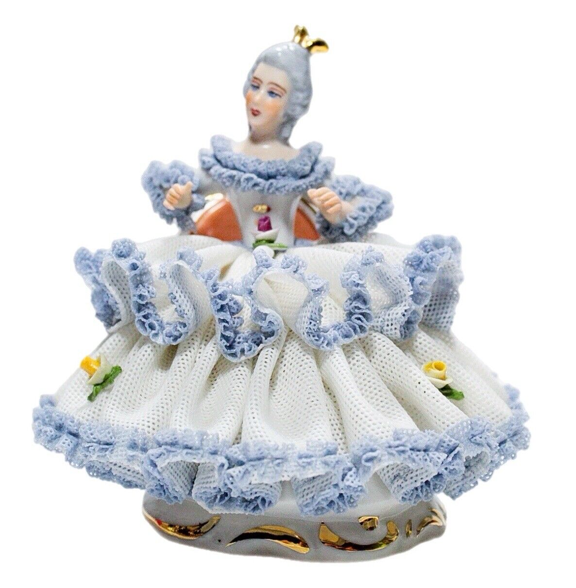 DRESDEN Germany Antique Blue White Laced Lady Sitting Porcelain Figurine