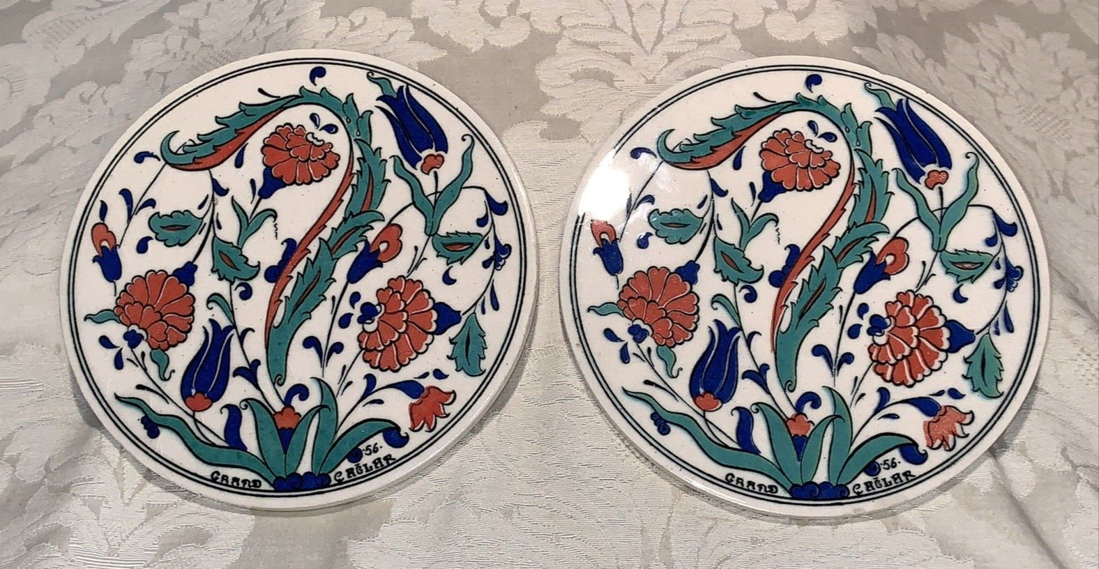 Pair of Vintage Hand-Painted Ceramic Tiles - 6 1/4