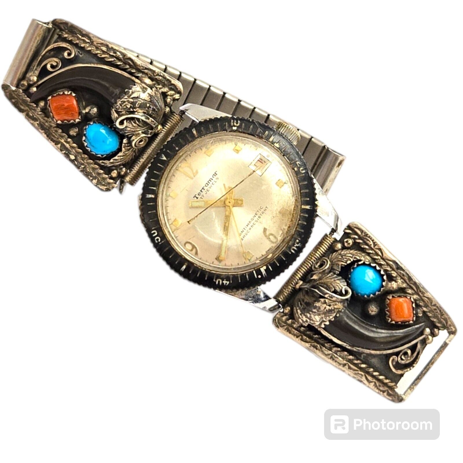 Superb Vintage David Sandoval Navajo Sterling Silver Turquoise & Coral Watch