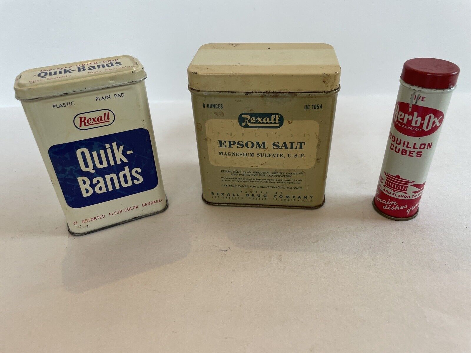 Vintage Rexall Epsom Salt & Quik Bands Tin Containers,13 band aids & Herb-Ox Tin